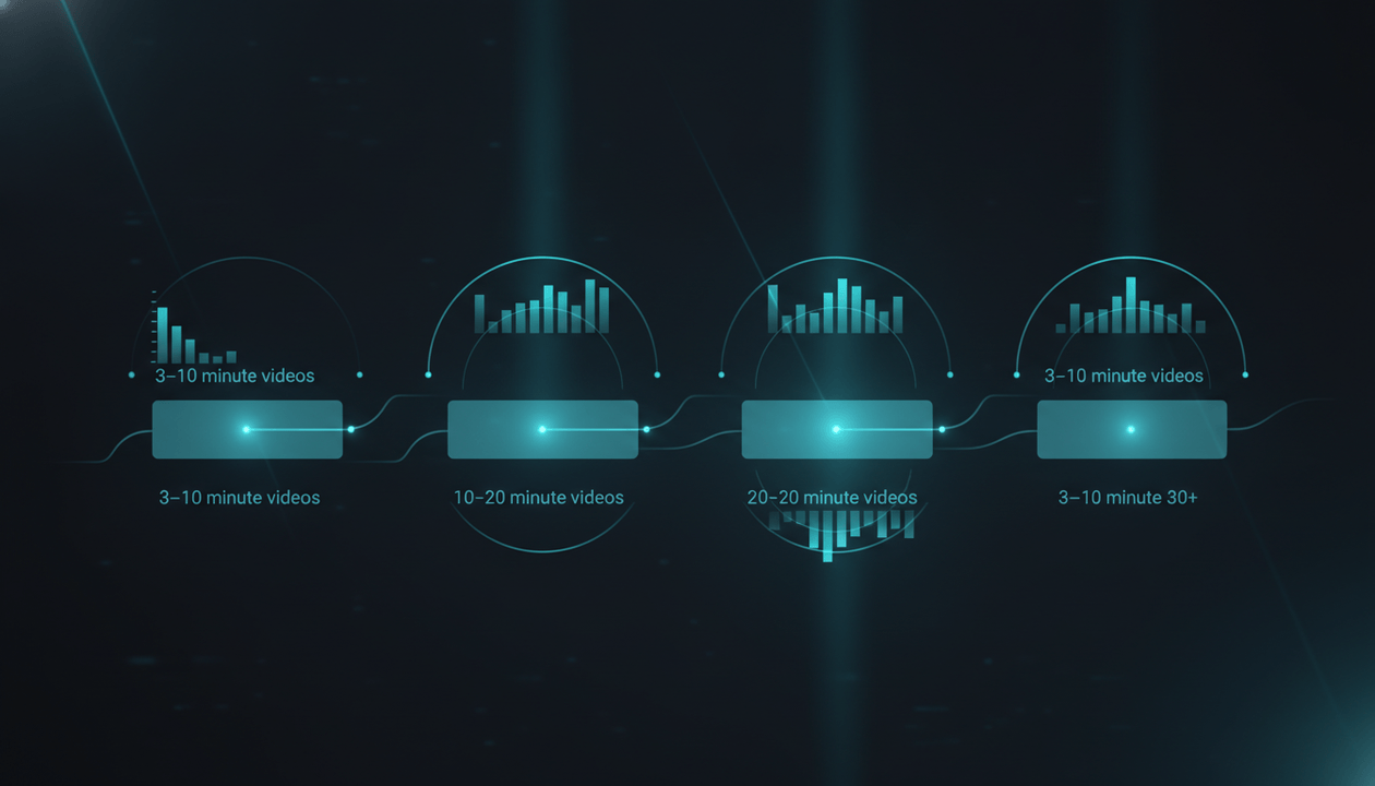 Research visualization comparing YouTube video length and breakout performance across 629 recent uploads from 60 channels.