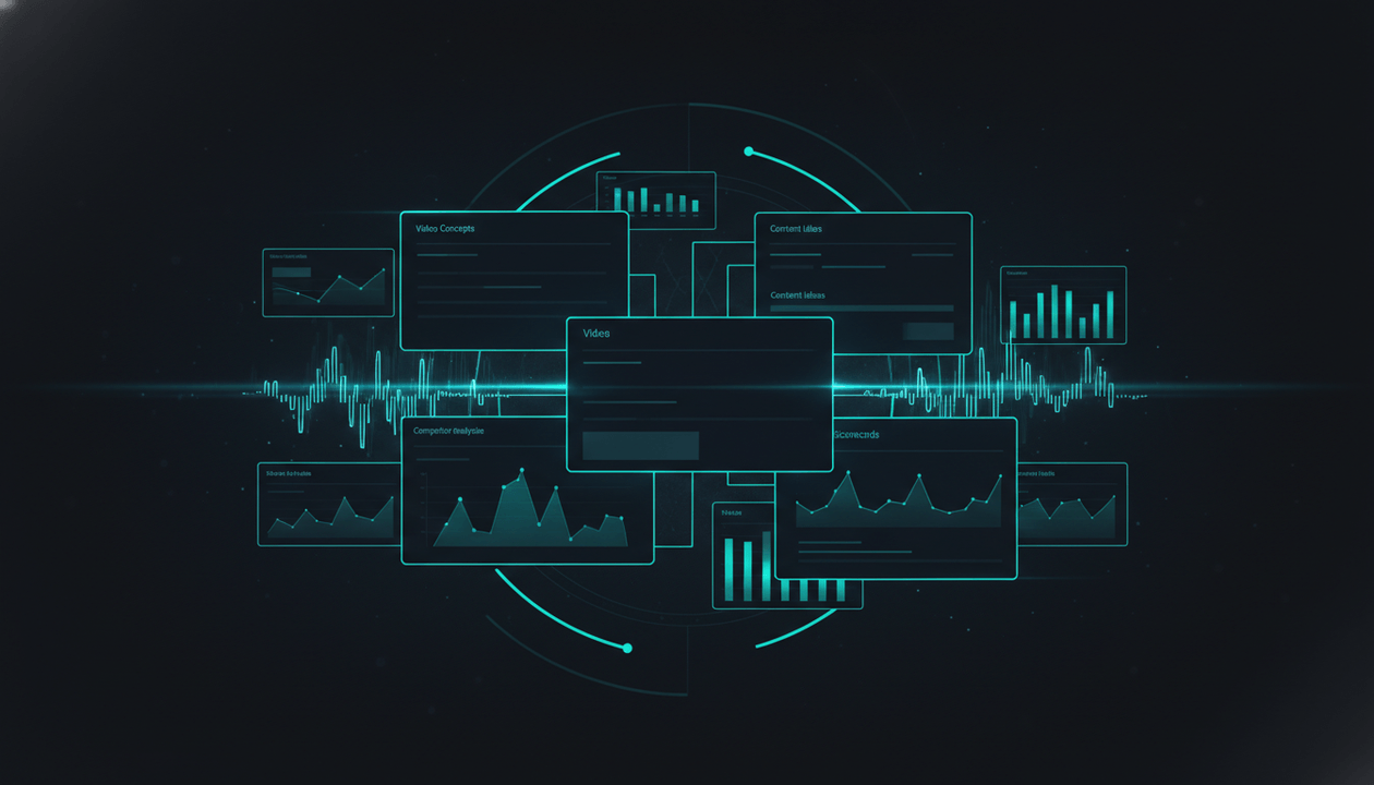Proof-first YouTube strategy dashboard showing competitor patterns, breakout videos, and evidence-backed content planning Final Content Engine fields