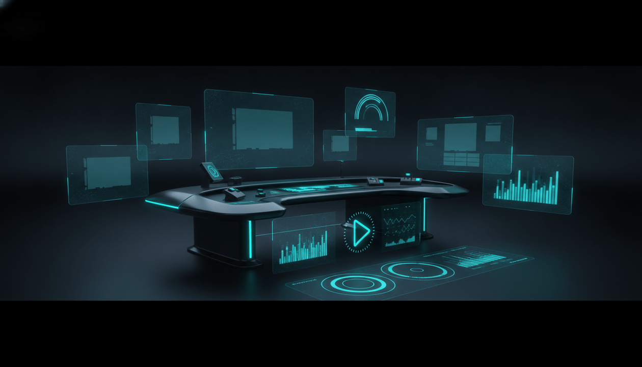 Premium editorial illustration of an AI tool review channel strategy dashboard with software comparisons, YouTube content planning, and creator monetization signals.
