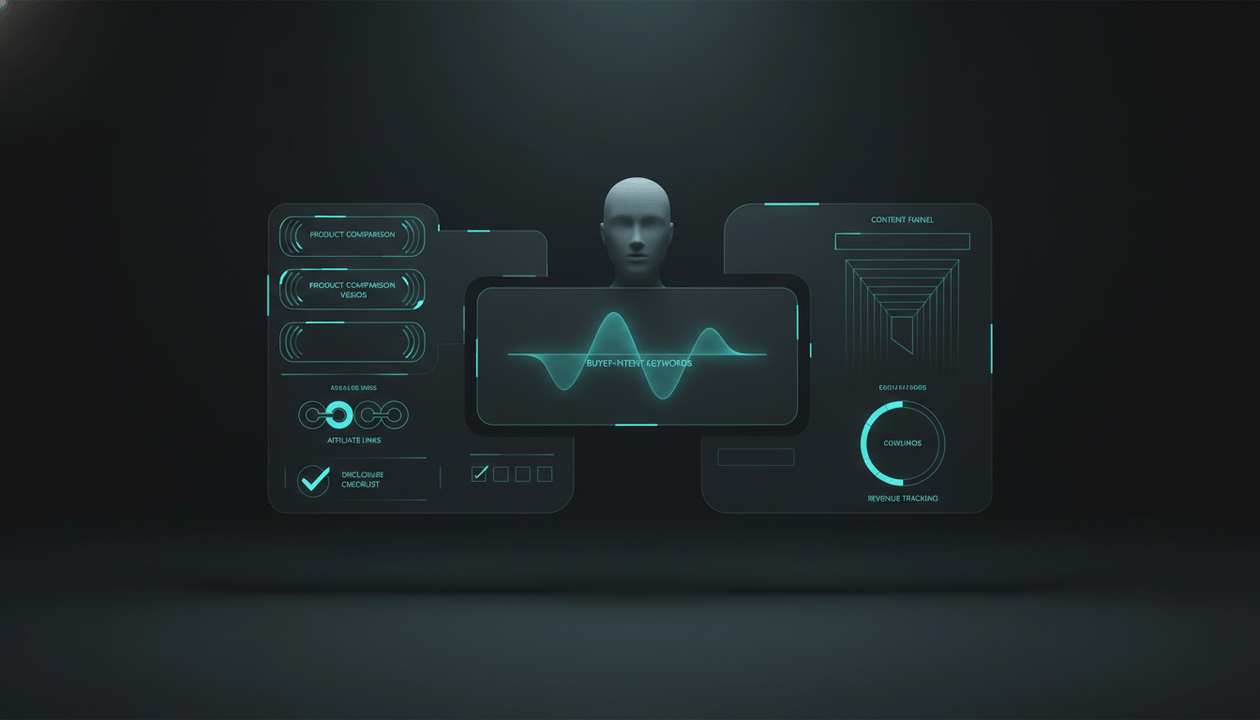 Premium dashboard illustration showing a faceless YouTube affiliate marketing workflow with buyer-intent keywords, product reviews, comparisons, affiliate links, and monetization strategy. Final Content Engine fields