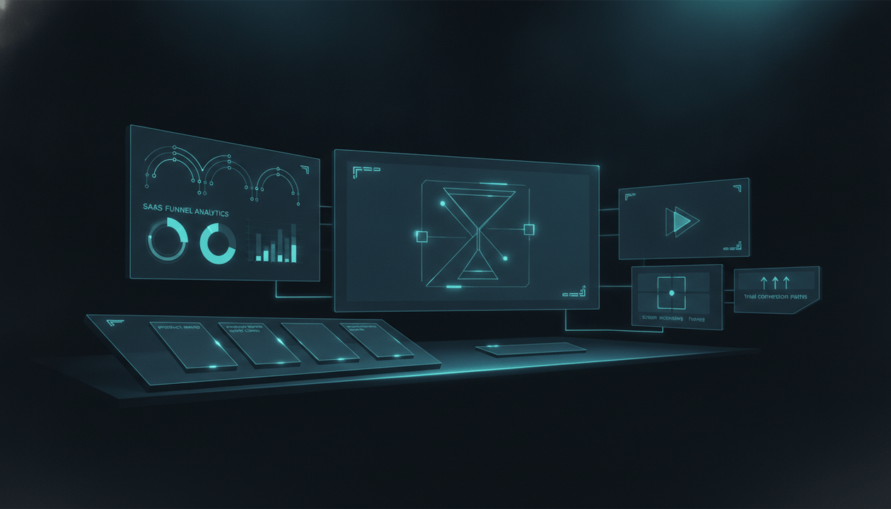 Premium editorial illustration of a product demo video script dashboard with SaaS workflows, YouTube demo planning, and trial conversion signals.