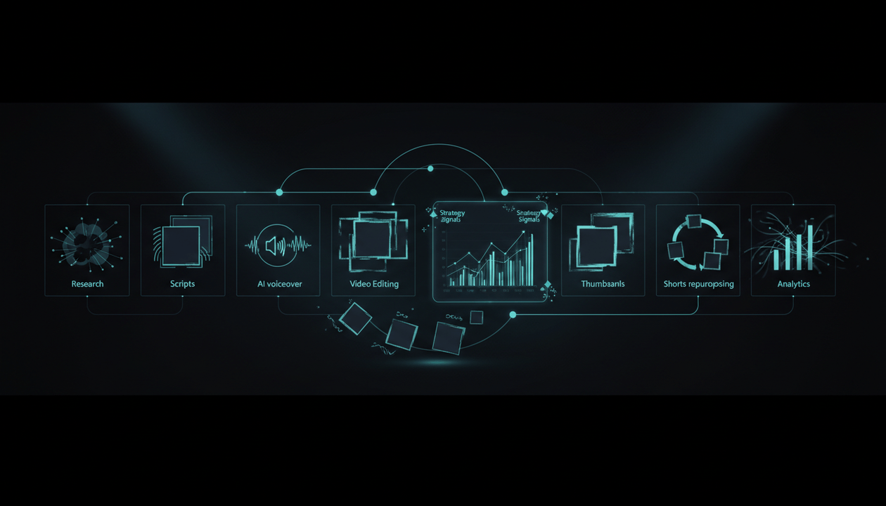 Abstract faceless YouTube automation dashboard showing tools for research, scripts, voiceover, editing, thumbnails, and analytics