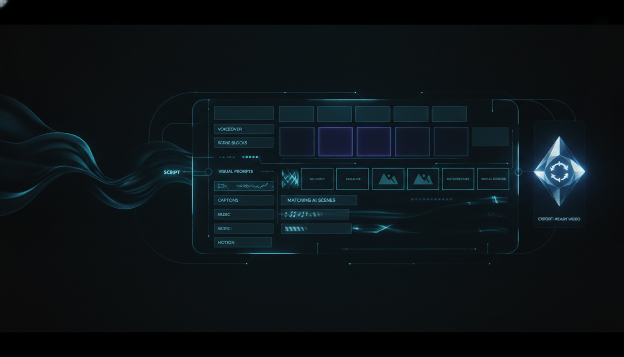 AI YouTube scene generator workflow turning a script and voiceover into matching faceless video scenes inside OverseerOS Auto Edit