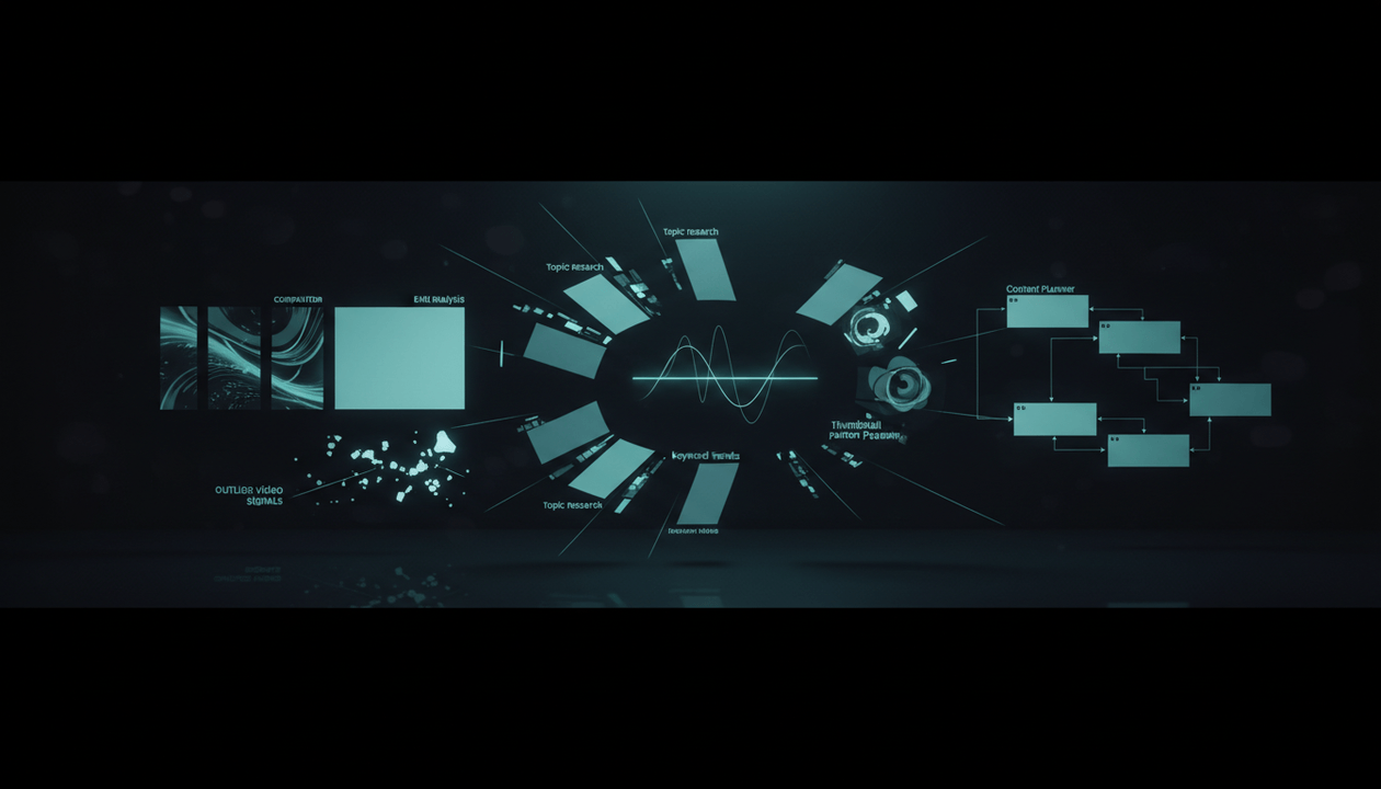 Premium dark YouTube research dashboard showing topic research, competitor analysis, outlier signals, keyword trends, and content planning workflow.
