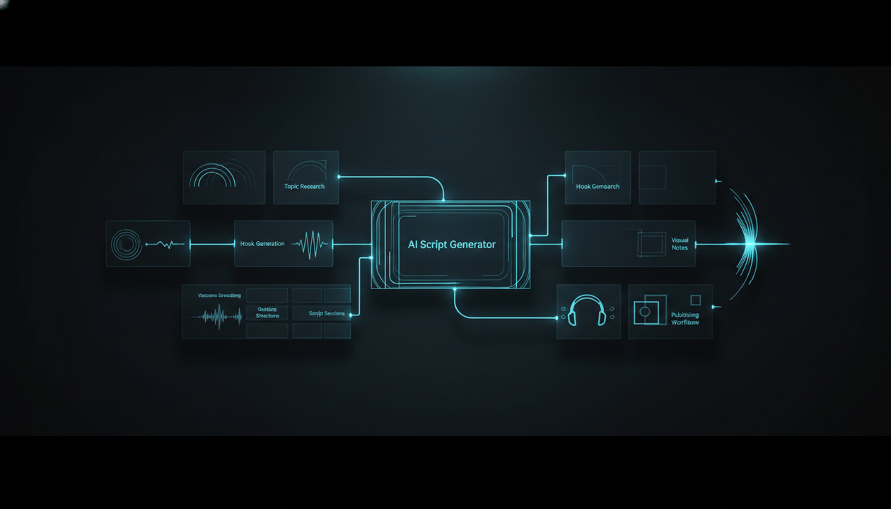 Premium dashboard illustration showing an AI script generator workflow for a faceless YouTube channel with hooks, outlines, script sections, voiceover formatting, and visual notes. Final Content Engine fields