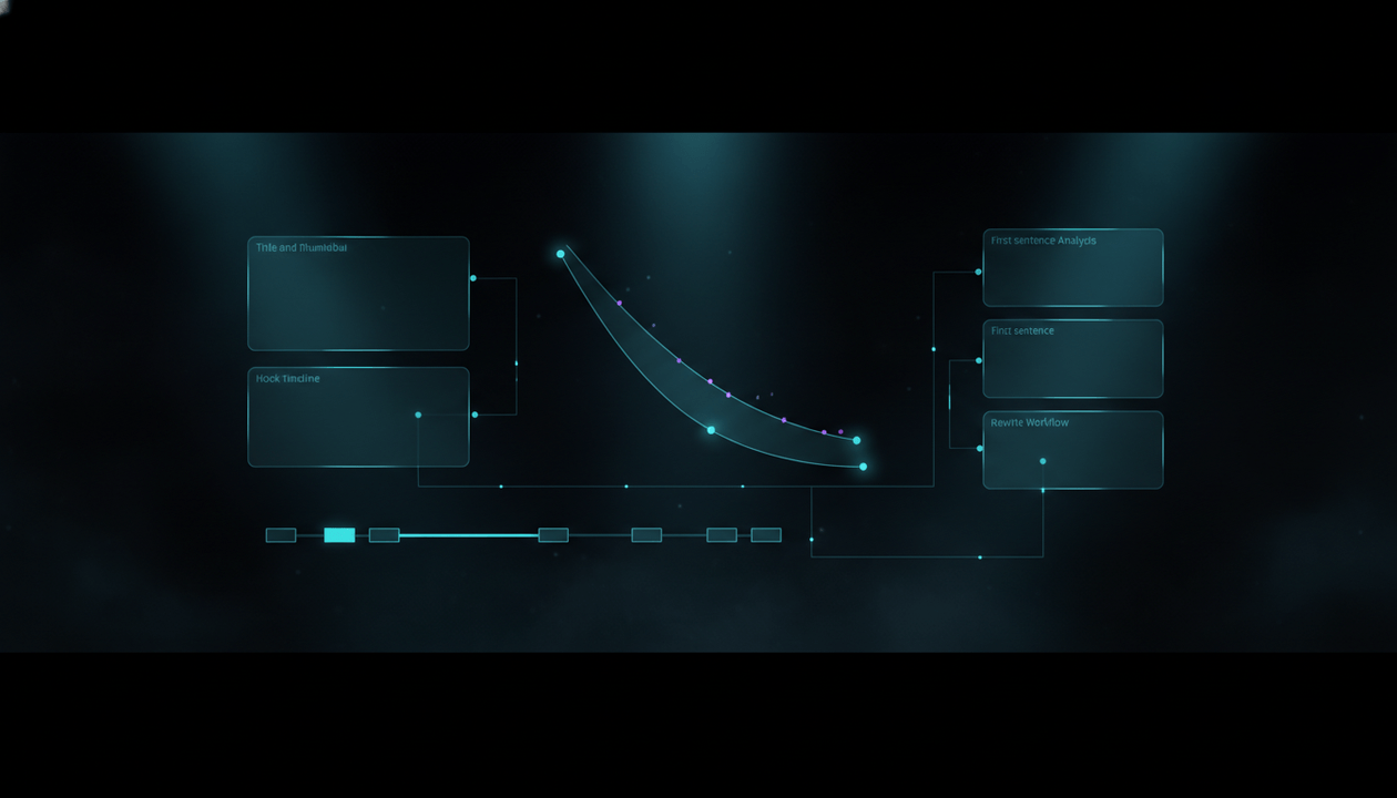 Premium creator strategy dashboard showing a YouTube first 30 seconds audit with intro retention, hook timeline, title and thumbnail promise, and viewer drop-off analysis.