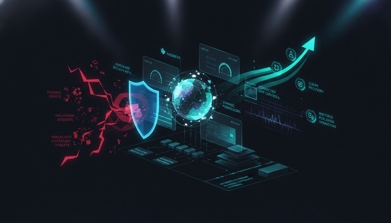 YouTube channel security system protecting accounts, permissions, devices, backups, recovery, and publishing operations from phishing and hacking