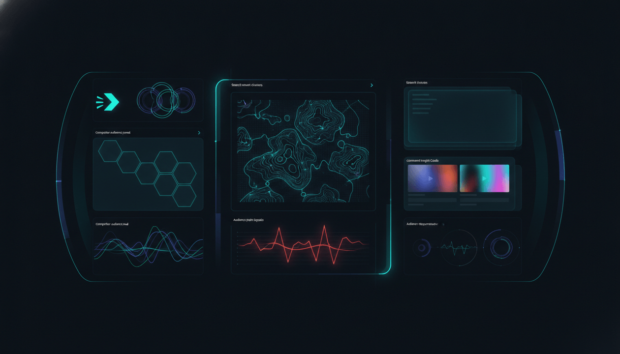 Dark SaaS dashboard showing YouTube audience intelligence with viewer insights, audience pain signals, competitor analysis, and content strategy panels.