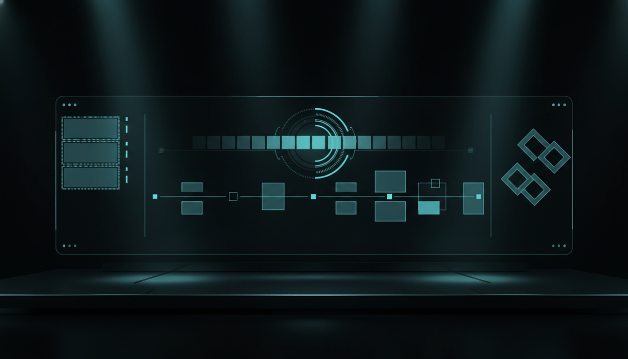 Premium dashboard illustration showing a YouTube transcript being converted into chapter timestamps and video metadata. Final Content Engine fields