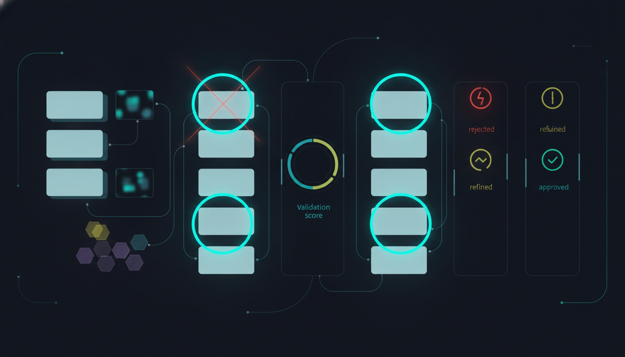 Premium creator strategy dashboard showing a YouTube topic validation system with scored video ideas, title options, thumbnail concepts, and production decisions.