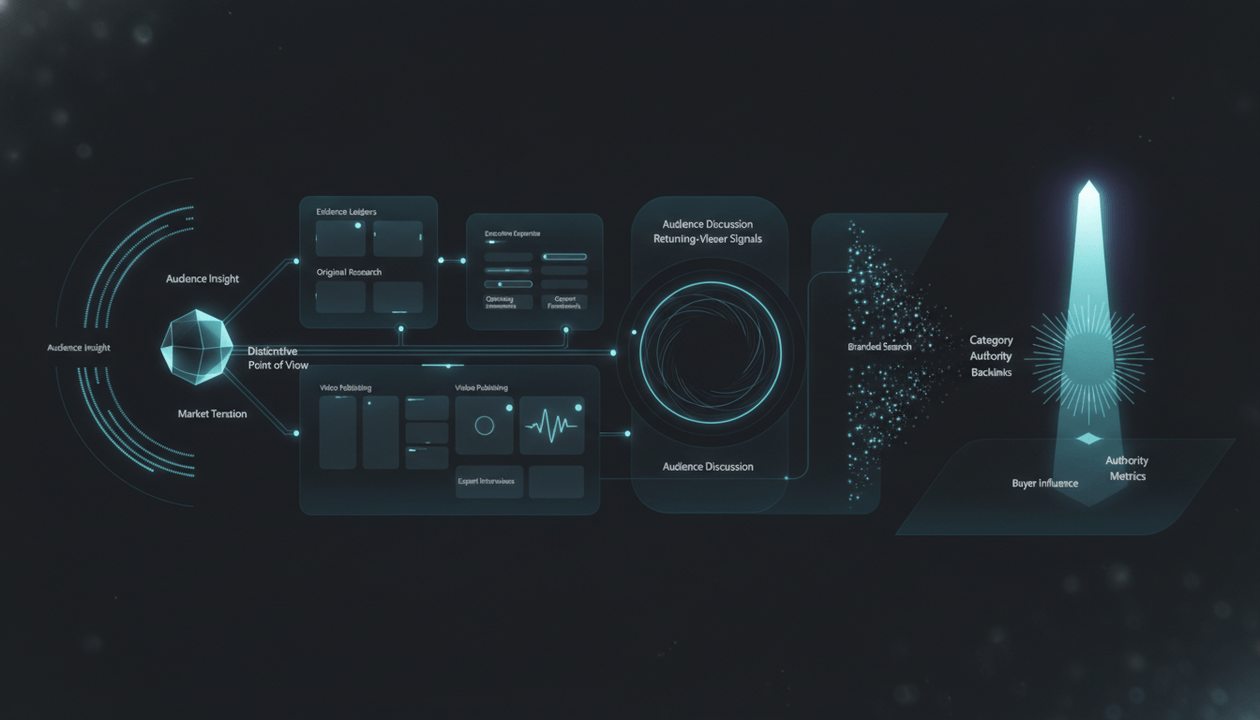 YouTube thought leadership strategy showing expert insights, distinctive points of view, original research, video content, audience authority, and buyer influence.