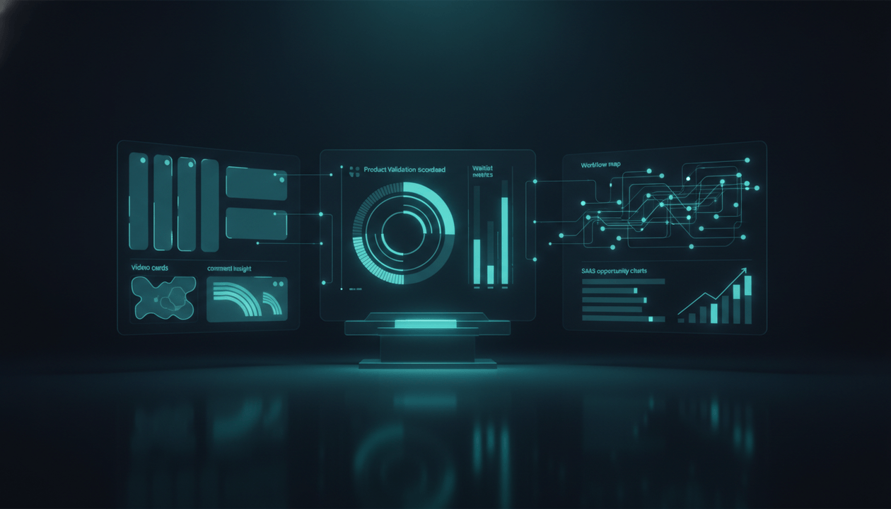 Premium editorial illustration of a video-to-product research dashboard using YouTube demand signals to validate SaaS and digital product ideas.