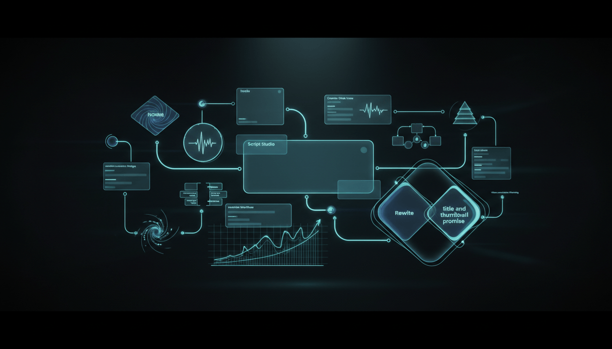 Abstract AI YouTube script generator dashboard showing script outlines, hooks, Creator DNA tone, retention structure, and production workflow