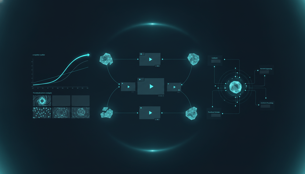 A dark creator strategy dashboard showing YouTube video formats, niche signals, competitor outliers, and content planning workflows.