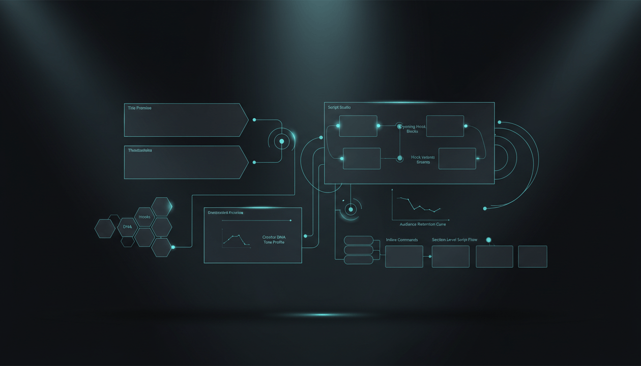 Abstract YouTube hook generator dashboard showing DNA Hooks, Creator DNA tone, Script Studio, hook variants, and audience retention workflow