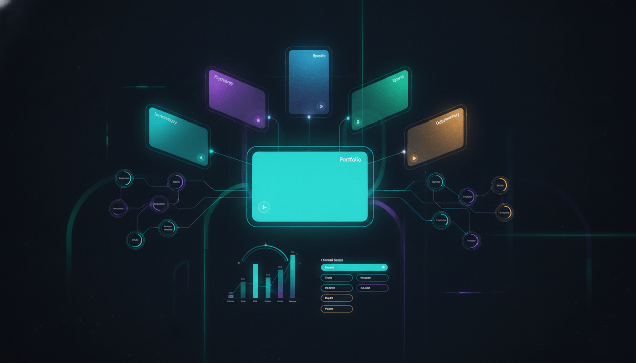 Multi-channel YouTube management dashboard organizing channel strategy, production, permissions, analytics, revenue, and portfolio investment decisions