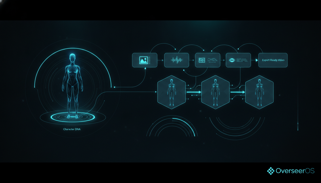 Consistent character AI workflow keeping the same original character across faceless YouTube video scenes inside OverseerOS Auto Edit