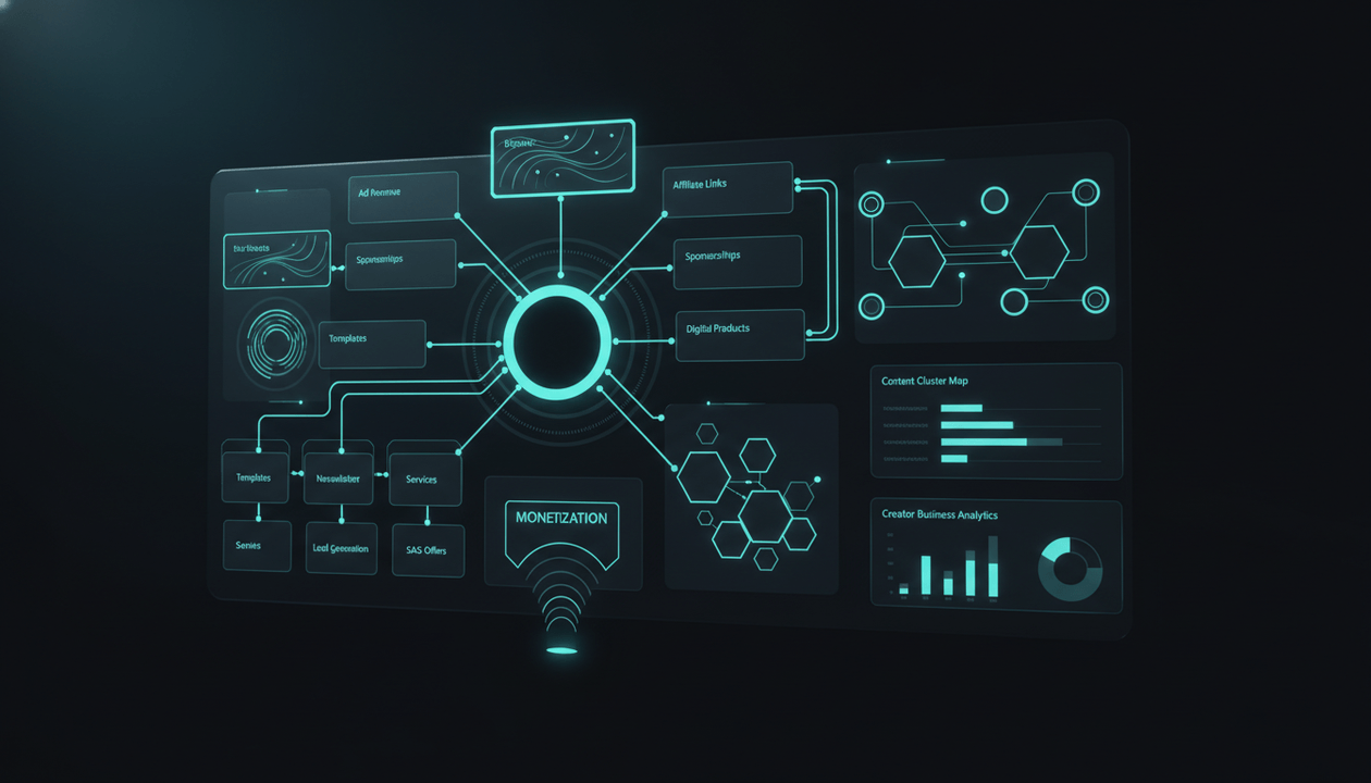 Premium dashboard illustration showing faceless YouTube monetization revenue streams including ads, affiliates, sponsorships, digital products, newsletters, services, and SaaS. Final Content Engine fields