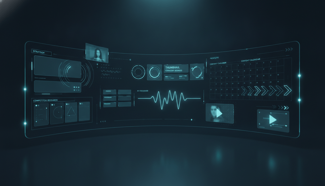 Dark SaaS dashboard showing faceless YouTube automation software with research, scripts, thumbnails, voiceovers, planning, and production workflow.