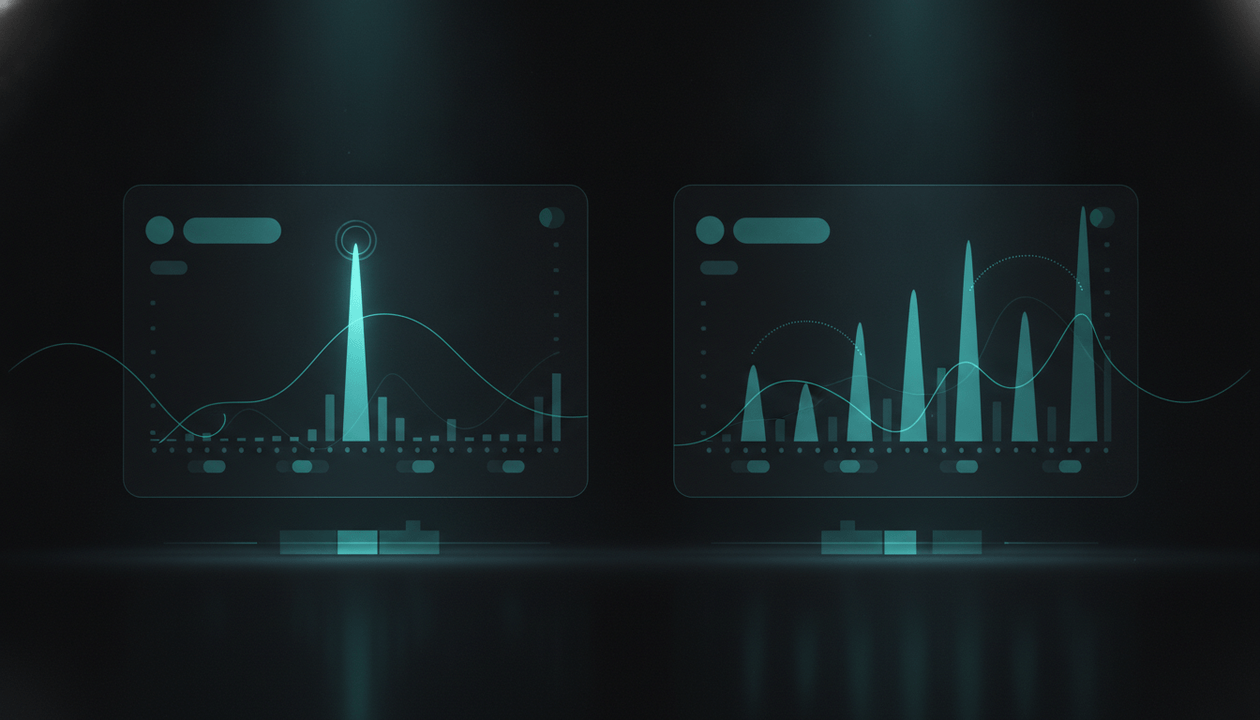 Research visualization comparing a one-hit-wonder YouTube channel with a competitor channel producing repeated breakout videos.