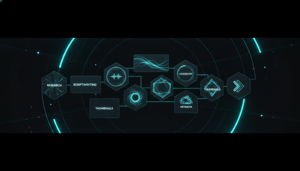 Premium dashboard illustration showing the best AI tools for a faceless YouTube channel workflow, including research, scripts, voiceovers, visuals, editing, thumbnails, and metadata. Final Content Engine fields