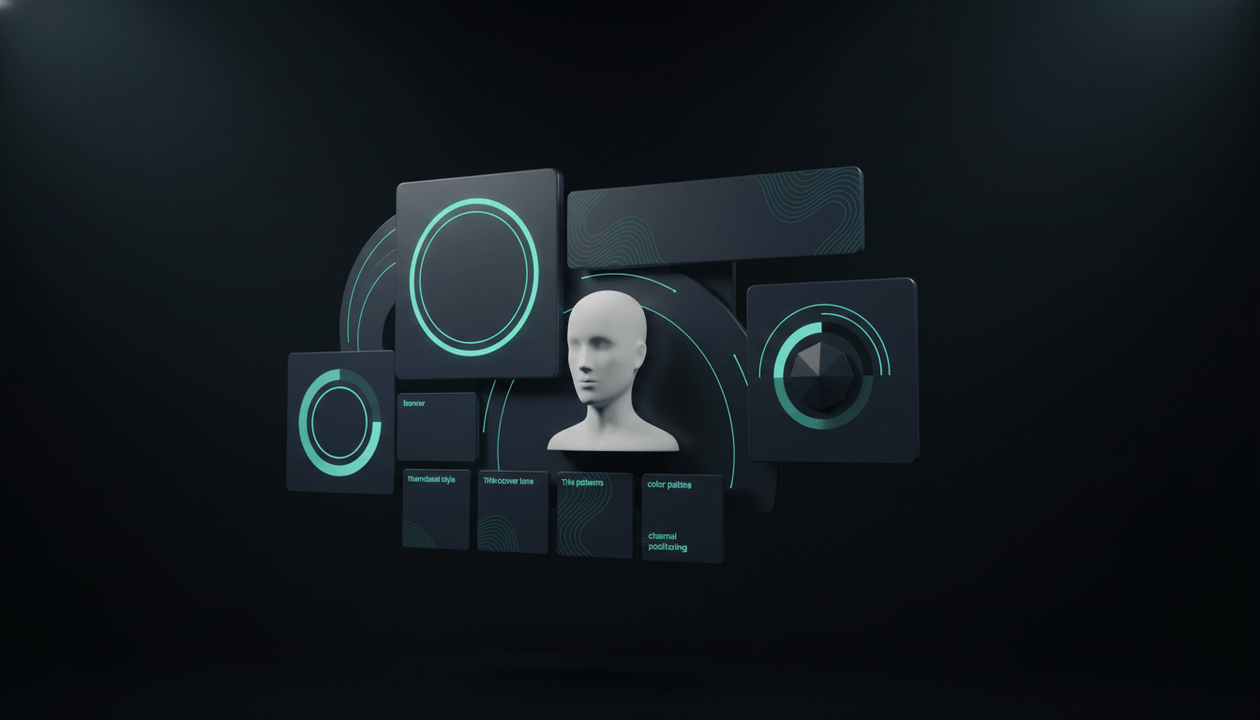 Premium dashboard illustration showing a faceless YouTube channel branding system with logo, banner, thumbnails, titles, and channel identity elements. Final Content Engine fields