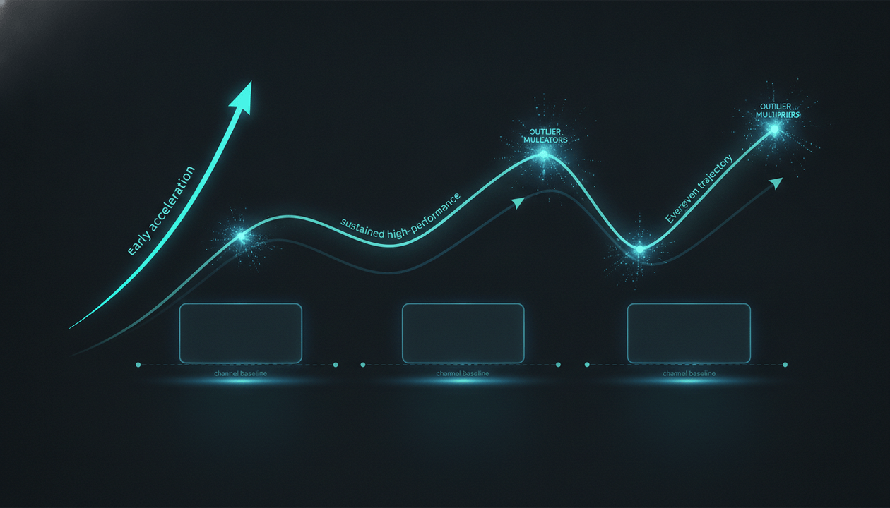 Research visualization comparing early, sustained and evergreen YouTube breakout video performance across 3,844 outliers.