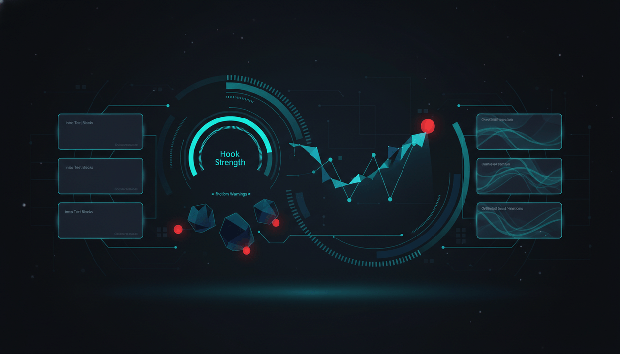 YouTube hook analyzer dashboard scoring the first 30 seconds of a video intro for retention