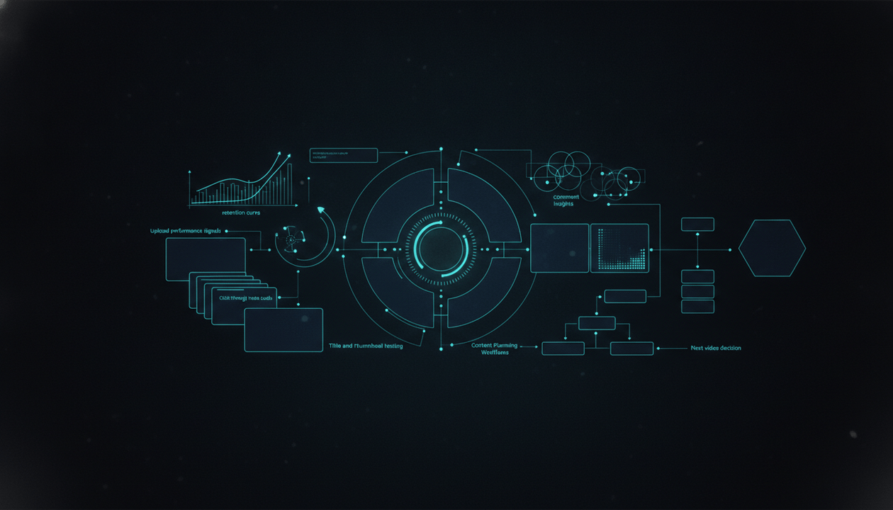 A dark creator analytics dashboard showing a YouTube feedback loop with retention, click-through rate, comments, and next video planning.