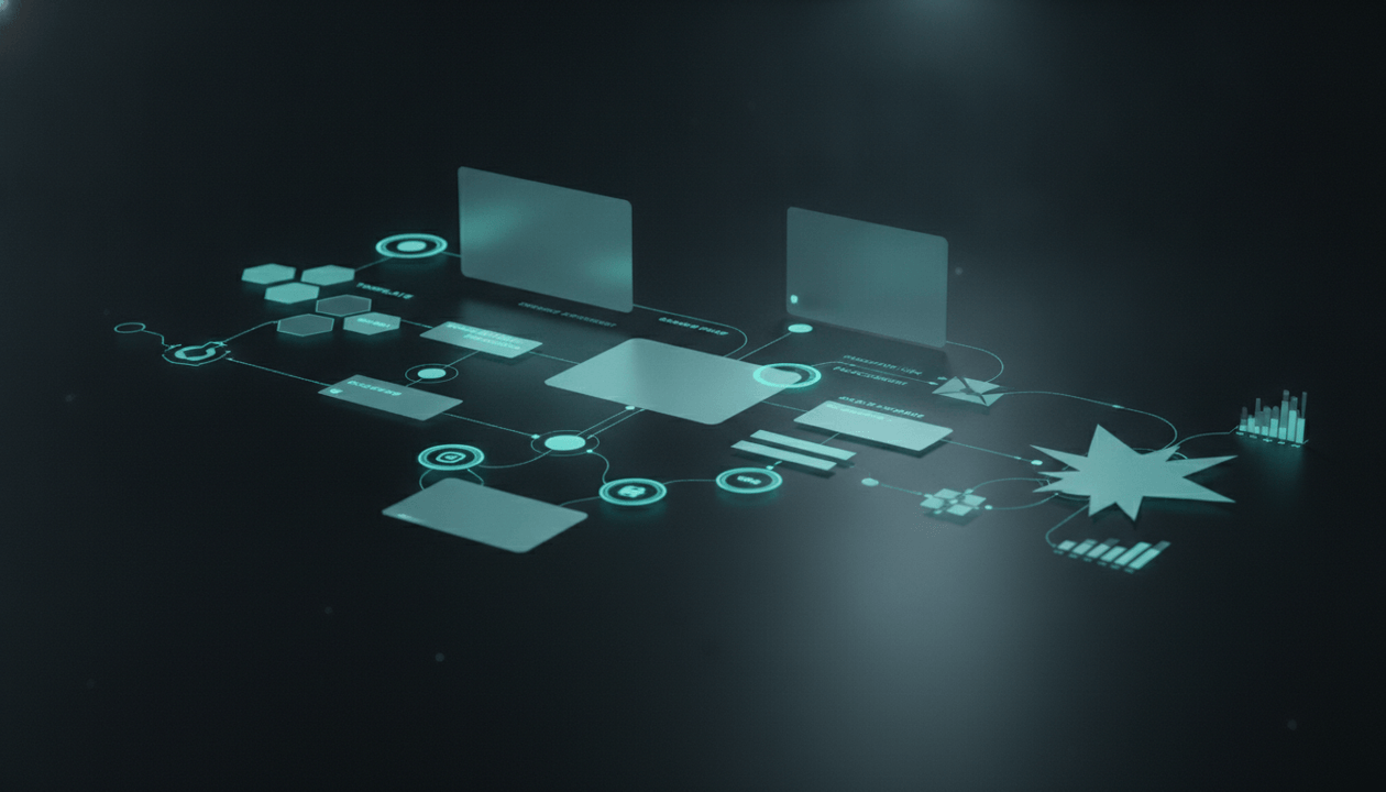 Premium editorial illustration of a YouTube offer map dashboard connecting videos to templates, affiliates, sponsors, SaaS trials, newsletters, and sales paths.