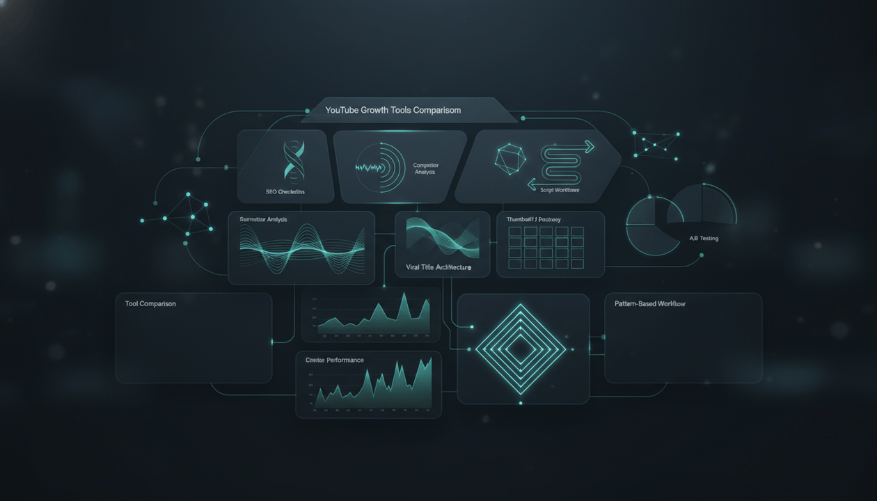 Abstract YouTube growth tools dashboard comparing TubeBuddy alternatives, SEO checklists, competitor analysis, outlier videos, thumbnails, scripts, and strategy