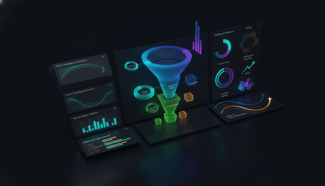 YouTube sponsorship analytics dashboard tracking sponsor reach, retention, clicks, conversions, revenue, ROI, and creator campaign performance